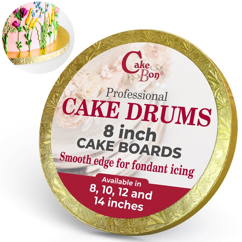 Cakebon Round Cake Boards - Sturdy 1/2 Inch Thick Drums - 8 Inch Professional Smooth Straight Edges Gold 3-Pack - Image 1